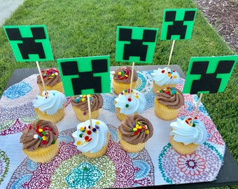 12 Creepers Cupcake Toppers | Minecraft Birthday Party | Minecraft Decor | Minecraft Cake Topper | Minecraft Party Supplies | Creeper Topper