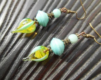 Pearl Earrings, Lampwork Glass Lampwork bead, turquoise and yellow, turquoise paper, artisan, handmade beads, artisan