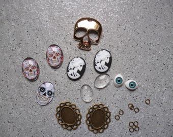 1 Lot de cabochons et supports cabochons tête de mort, skull, et yeux plastiques, accessoires bijoux