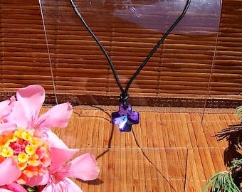 Crew neck black leather and Swarovski Heliotrope Crystal cross
