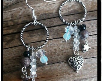 Earrings silver tone ring and black beads