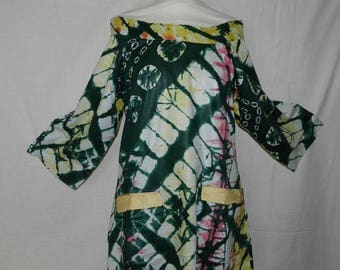 Green and yellow tunic ethnic double satin, with sleeves size 36-40