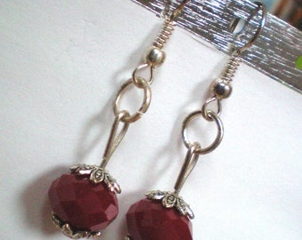 Pearl Earrings in Ruby red glass - 8 mm - caps, silver - non allergic posts