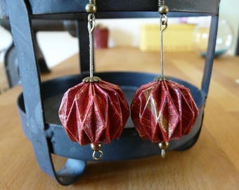 Origami earrings paper balls red purple and gold