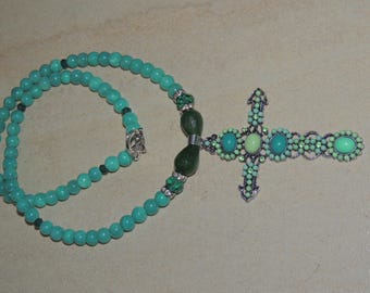Green Cross mala Necklace! Jade and Agate Pendant Necklace! Boho necklace by Vimas Bijou!