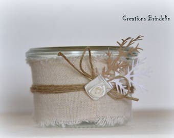 Mini photophore toile de lin, ficelle et fleur tissu écru