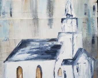 The Little White Church Original Acrylic Painting On Canvas