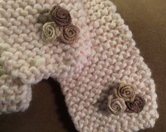 Hand knit Wool Scarf with Burlap Flowers