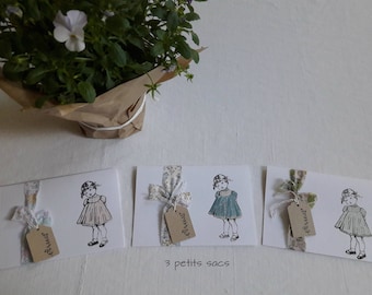 3 cards double "children", liberty of London, old lace ribbons. shabby vibe