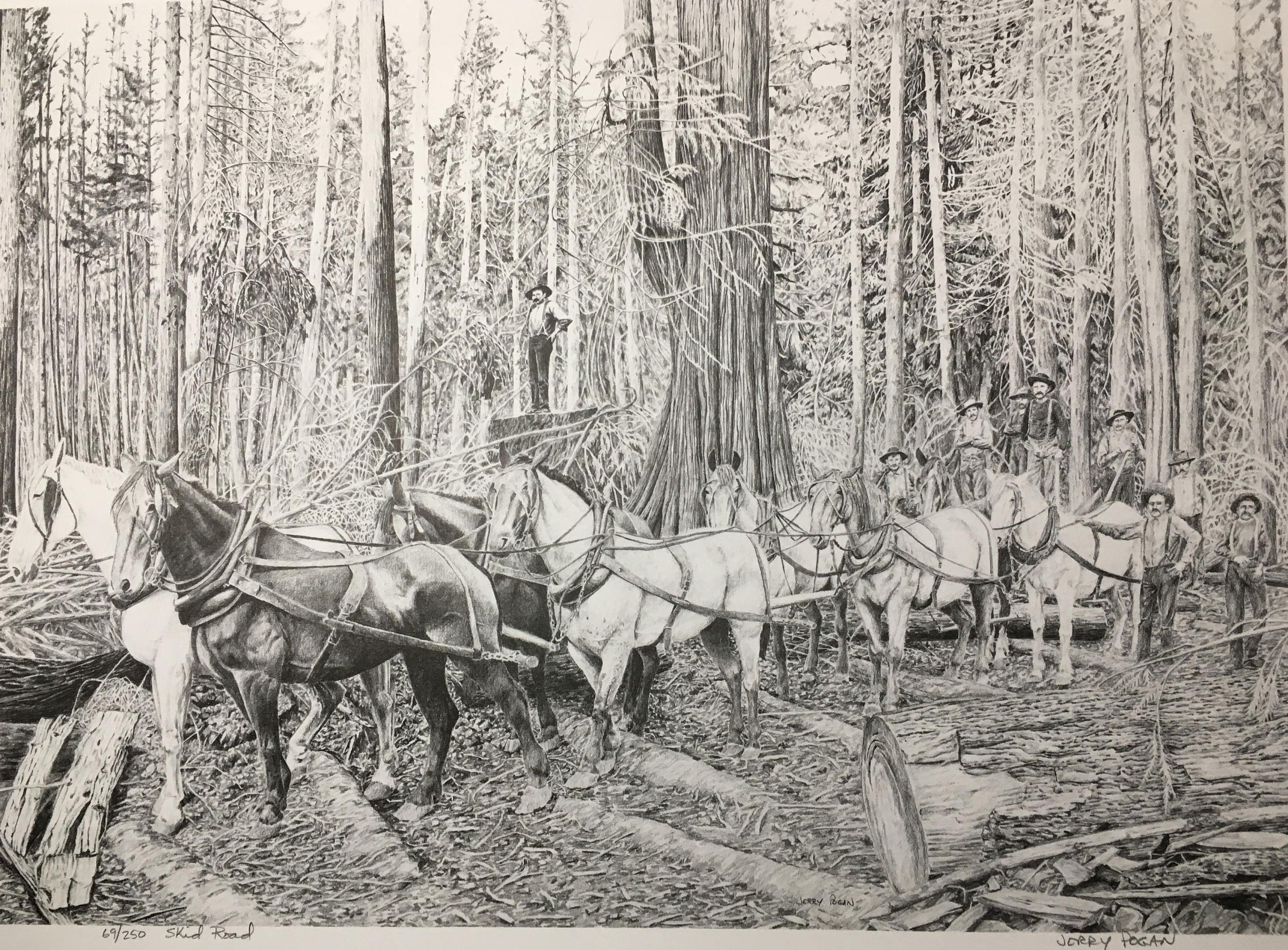 Pencil Drawing Print Logging Skid Road