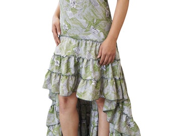 Hi Low Recycled Sari Free Falling Twirling Ruffle Dress Floral Print Tiered Gypsy Hippie Chic Summer Dresses M/L