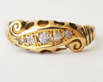 Edwardian Five Diamond Eternity Ring, 18k Gold Scroll Ring Approx. Size US 5.25