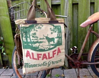 Alfalfa Minnesota Grown - Van Gorden and Sons - Americana Vintage Seed Feed Sack Book Tote W- OOAK Canvas & Leather Tote... Selina Vaugha
