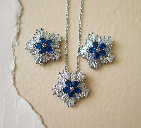 sapphire blue bridal necklace earrings set