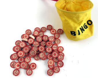 75 Vintage Wooden Game Pieces, Bingo Tokens w Bag, Complete sets Wood Lotto Markers, Bulls Eye Raised Red Numbers, Game Lot Craft Supplies
