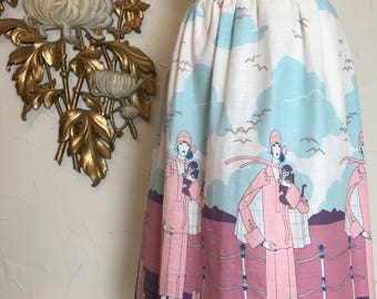 1970s skirt novelty print skirt cotton skirt vintage skirt size medium monkey skirt flapper print summer skirt padrel skirt 28 waist