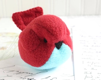 Red and Blue Fleece Bird Stuffed Animal Childrens Handmade Plush Toy Red Bird Stuffie