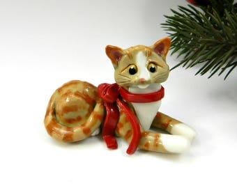 Orange Tabby Cat Christmas Ornament Figurine Red Bow Porcelain Clay