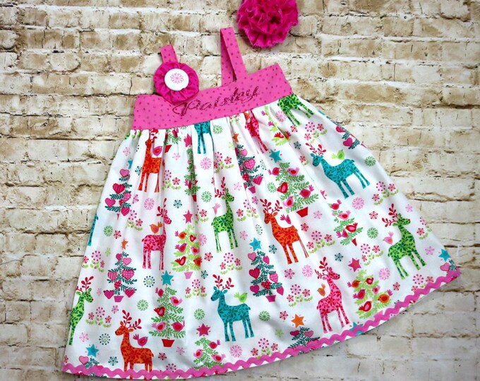 Christmas Dress for Girls - Toddler Christmas Dress - Personalized Baby Dress - Reindeer Dress - Girls Holiday Clothes - size 6 mo to 8 yrs