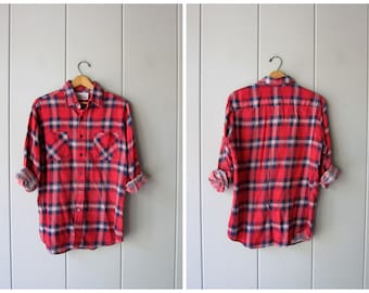 Vintage 80s Plaid Flannel Shirt Blue Red DISTRESSED Grunge Shirt Boyfriend Button Up Long Sleeve Hipster Tomboy Shirt Slouchy Mens Medium