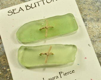 Long glowing sea foam sticks a pair of genuine Maine sea glass buttons eco friendly accent for sweaters shawls jackets and jewelry craft