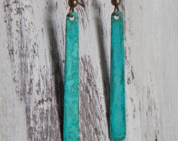 Verdigris Patina Brass Stick Earrings- Green Blue Dangle Drop Bohemian Earrings -Long Bar Earrings-Boho Earrings-Rustic Woodland Earrings