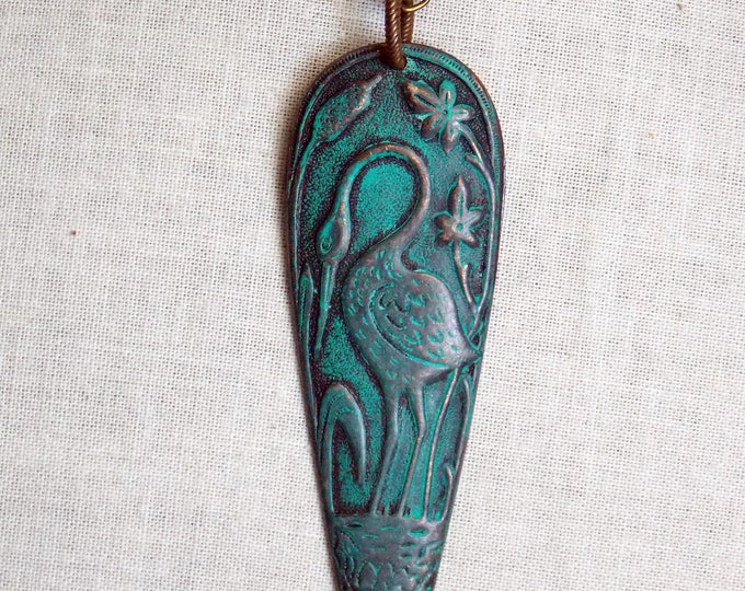 Patina Heron Turquoise Brass Bird Pendant Necklace Rustic Woodland Bird Jewelry Nature Jewelry Patina Brass Necklace