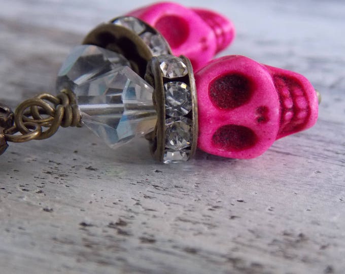 Pink Sugar Skull Earrings Day of the Dead Festive Earrings Rhinestone Goth Blue Skull Dangle Boho Earrings