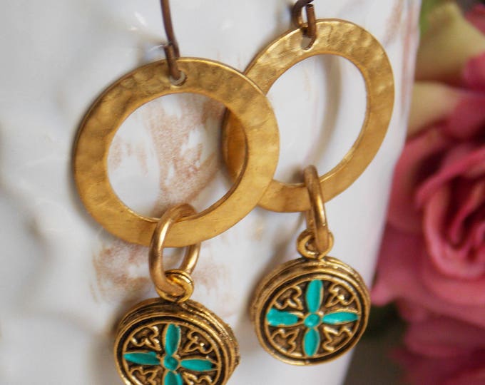 Boho Earrings Brass Turquoise Gold Cast Earrings Dangle Earrings Hammered Textured Metal Hoop Earrings Brass Jewelry GIft