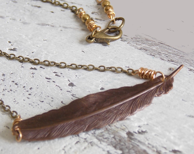 Feather Necklace Sideways Antique Brass Feather Boho Bohemian Fall Jewelry Hematite Beaded Necklace Joanna Gains Style Necklace Simple Light