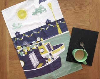 Amsterdam Barge Tea Towel / House Boat Large Dish Cloth / River Boat Tea Towel / Tulip Tea towel