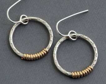 14k gold filled silver hoop earrings two tone earrings mixed metal earrings modern minimalist contemporary jewelry wire wrapped jewelry