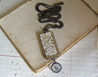 Lace Necklace Recycled Jewelry Glass Button