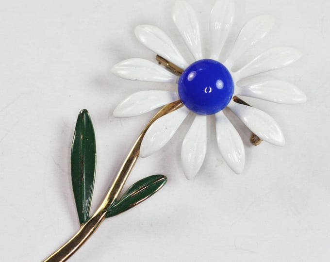 Daisy Flower Brooch White and Blue Enamel Mod Flower Power Vintage