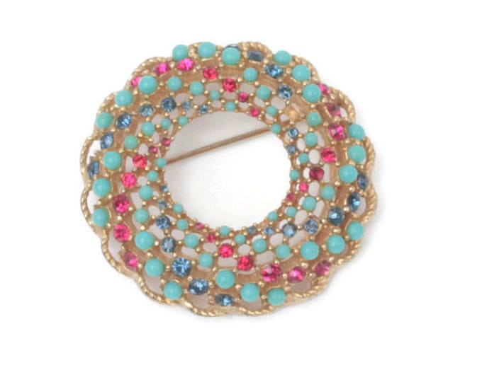 Swirl Circle Pin Turquoise Beads Red Blue Rhinestones Swirl Brooch Vintage
