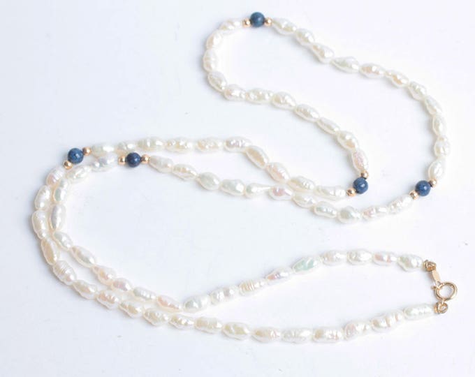 Freshwater Rice Pearl Necklace Lapis and Gold Beads 14K Clasp Vintage