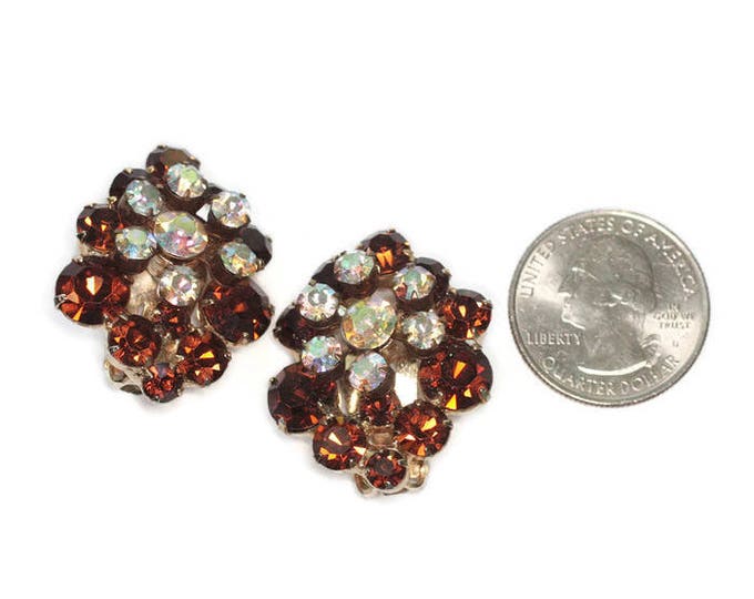 Golden Brown and Clear AB Rhinestone Earrings Layered Dimensional Clusters Clip On Style Vintage
