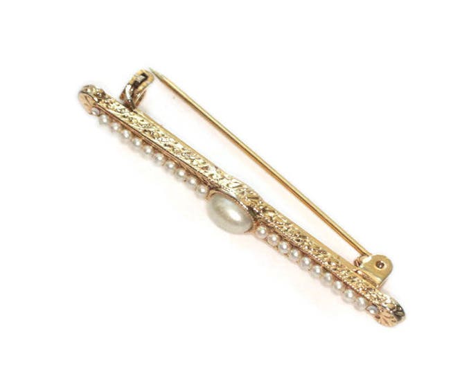 Faux Pearl Bar Pin Gold Tone Victorian Revival Vintage