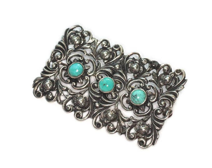 835 Silver Open Work Repousse Brooch Turquoise Cabochons Art Deco Era Signed Vintage