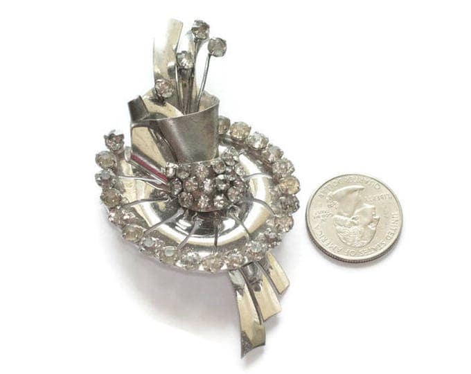 Retro Moderne Sterling Brooch Clear Rhinestones Diamante 1940s Vintage