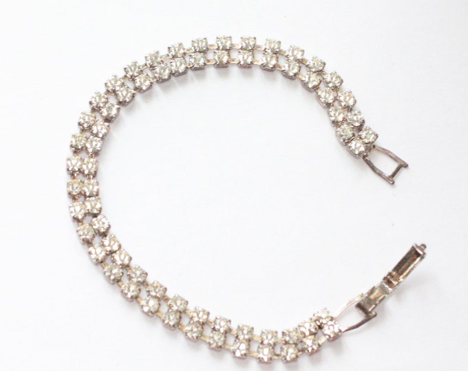 Two Row Clear Rhinestone Bracelet Vintage Wedding Prom