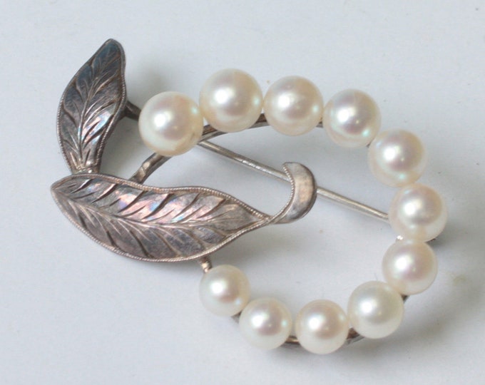 Cultured Pearl and Silver Swirled Leaf Pin Gift Wedding Vintage