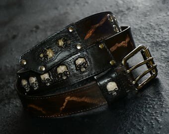 Skull Leather belt Biker jewelry Brown belt Custom belt Leather belt men Custom leather belt Personalized leather belt Skull belt Biker belt