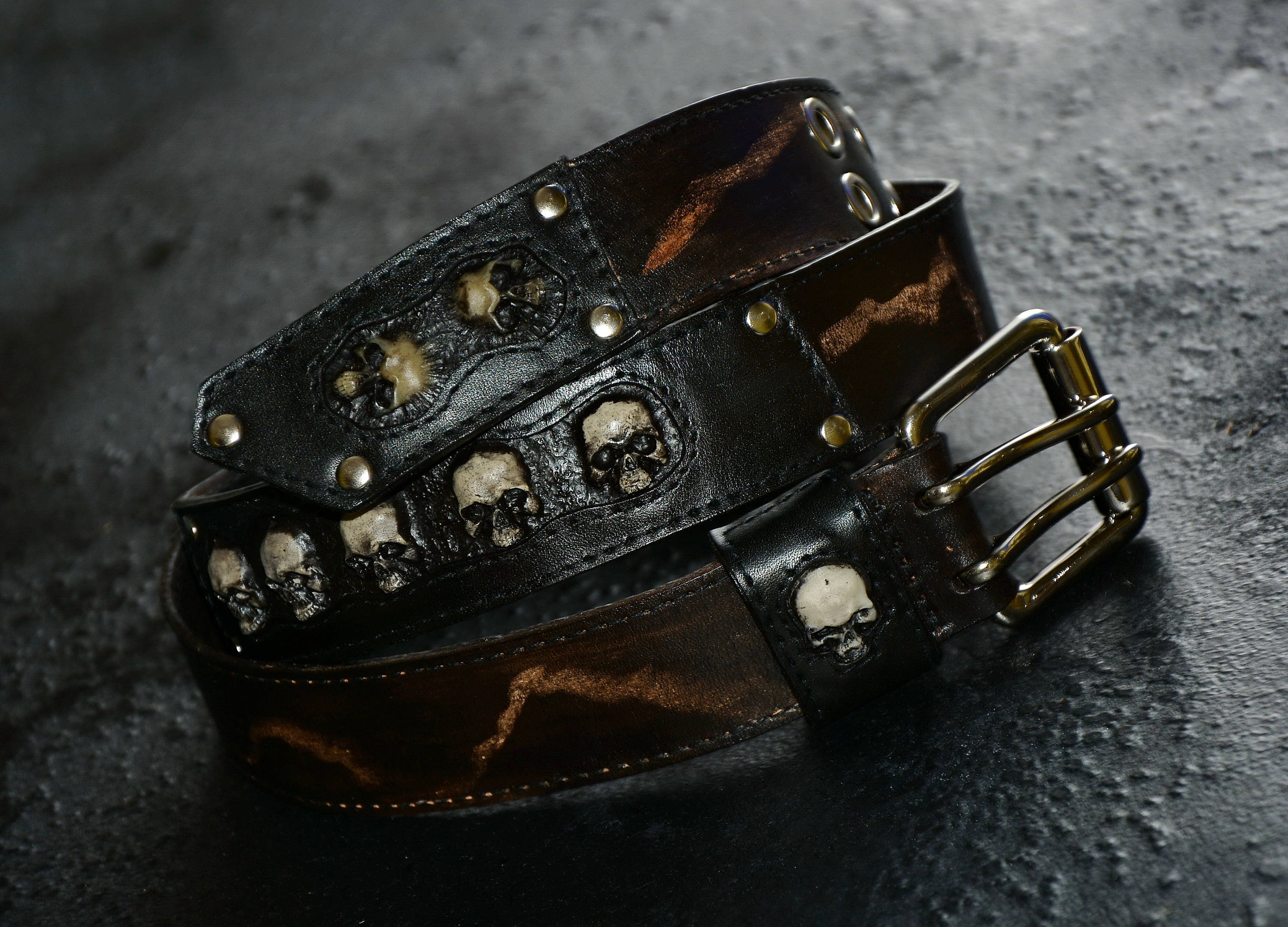 Skull Leather belt Biker jewelry Brown belt Custom belt