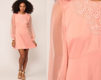 60s Mini Dress Pink LACE Party 1960s Babydoll Mod Dolly Sheer Sleeve 70s Bohemian Vintage Boho MiniDress Hippie Large
