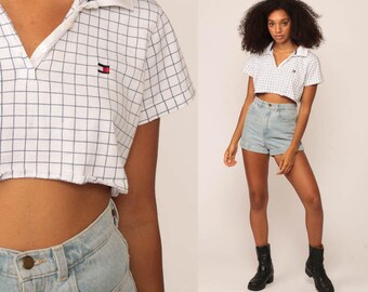 Tommy Hilfiger Shirt Polo Crop Top White Checkered Shirt 90s Top Half Button Up 1990s Short Sleeve Shirt Vintage Medium