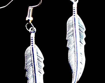 NATIVE PRIDE Silver feather earrings, Boho, tribal, Native dangle feather earrings