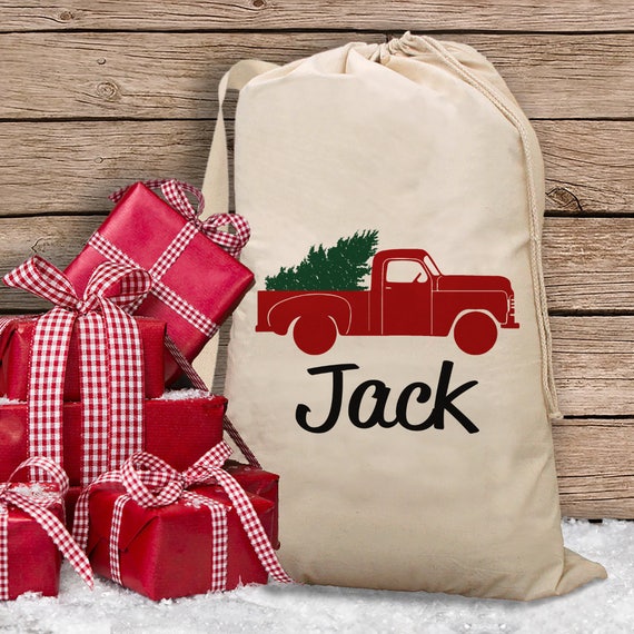 Vintage Truck Christmas Sack - Truck Santa Bag - Present Bag for Kids - Personalized Canvas Gift ...