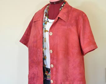 Red XL Linen Shirt JACKET - Crimson Red Dyed Upcycled Unknown Brand Linen Shirt jacket - Adult Womens Plus Size Extra Large (50" chest)