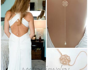 Rose Gold Back Necklace Bridal Crystal Wedding Necklace Rose Gold Bridal Backdrop Necklace Simple Statement Back Necklace, Sadie